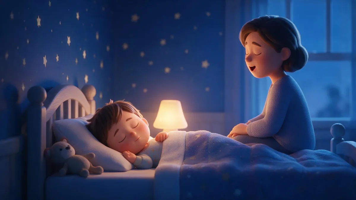 Kind liegt im Bett, ein Elternteil singt am Bettrand ein Einschlaflied